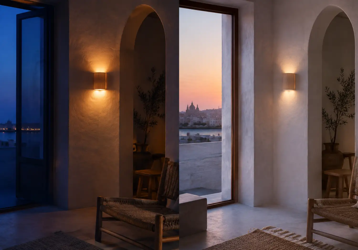 El mismo interior mediterráneo dividido entre la luz azul del anochecer y la claridad rosada del amanecer